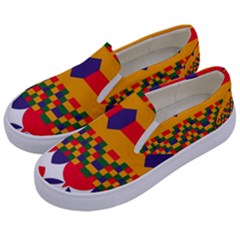 Red Flowers And Colorful Squares                                                                 Kids  Canvas Slip Ons by LalyLauraFLM