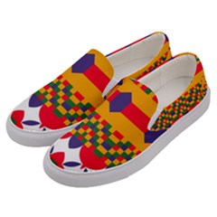 Red Flowers And Colorful Squares                                                                  Men s Canvas Slip Ons by LalyLauraFLM