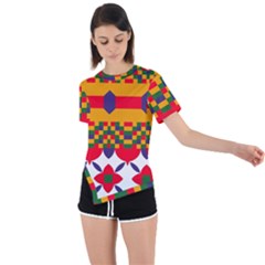 Red Flowers And Colorful Squares                                                                   Asymmetrical Short Sleeve Sports Tee by LalyLauraFLM