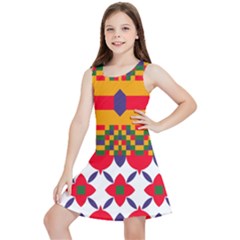 Red Flowers And Colorful Squares                                                                  Kids  Lightweight Sleeveless Dress by LalyLauraFLM