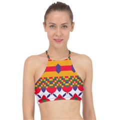 Red Flowers And Colorful Squares                                                                 Racer Front Bikini Top by LalyLauraFLM