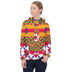 Red Flowers And Colorful Squares                                                                  Women Hooded Front Pocket Windbreaker