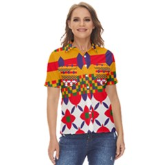 Red Flowers And Colorful Squares                                                        Women s Short Sleeve Double Pocket Shirt