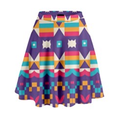 Pastel Shapes Rows On A Purple Background                                                                     High Waist Skirt by LalyLauraFLM