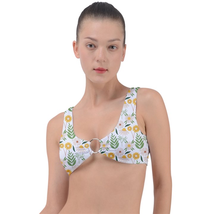 Flowers on a white background pattern                                                                    Ring Detail Bikini Top