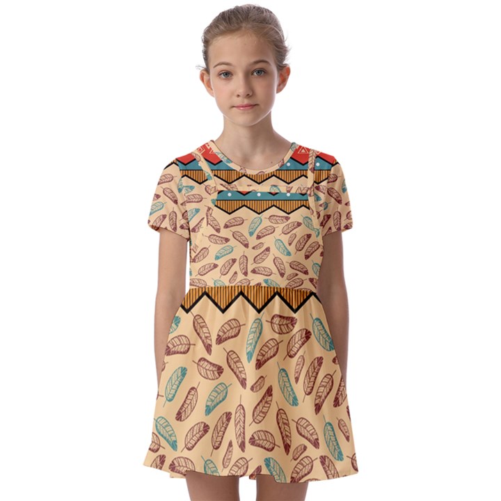 Ethnic-tribal-pattern-background Kids  Short Sleeve Pinafore Style Dress