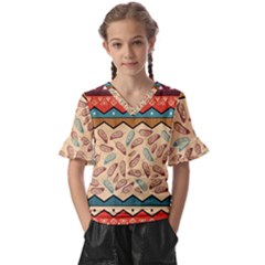 Ethnic-tribal-pattern-background Kids  V-neck Horn Sleeve Blouse by Vaneshart