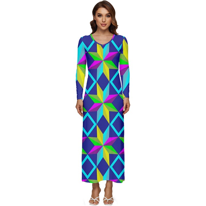 Colorful stars pattern                                                           Long Sleeve Velour Longline Maxi Dress