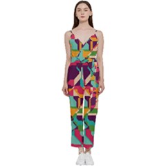  retro Chaos                                                              	v-neck Spaghetti Strap Tie Front Jumpsuit