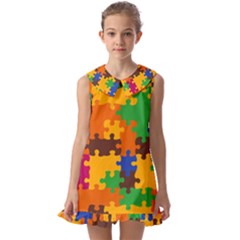 Retro Colors Puzzle Pieces                                                               Kids  Pilgrim Collar Ruffle Hem Dress