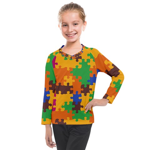 Retro Colors Puzzle Pieces                                                                     Kids  Long Mesh Tee by LalyLauraFLM