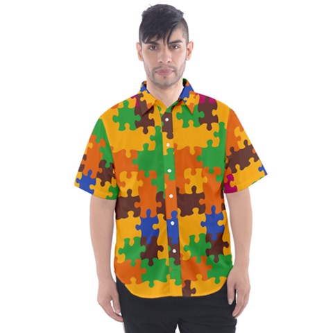 Retro Colors Puzzle Pieces                                                                      Men s Short Sleeve Shirt by LalyLauraFLM