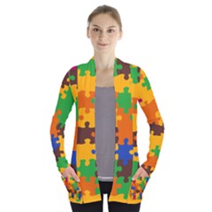 Retro Colors Puzzle Pieces                                                                       Women s Open Front Pockets Cardigan by LalyLauraFLM