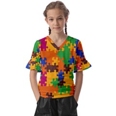 Retro Colors Puzzle Pieces                                                             Kids  V-neck Horn Sleeve Blouse by LalyLauraFLM