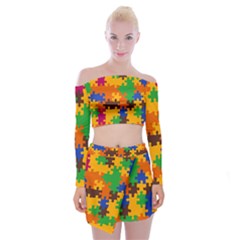 Retro Colors Puzzle Pieces                                                                           Off Shoulder Top With Minki Skirt Set by LalyLauraFLM