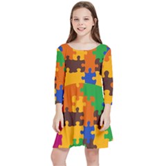 Retro Colors Puzzle Pieces                                                                          Kids  Quarter Sleeve Skater Dress by LalyLauraFLM