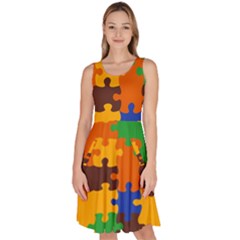 Retro Colors Puzzle Pieces                                                                           Knee Length Skater Dress With Pockets by LalyLauraFLM