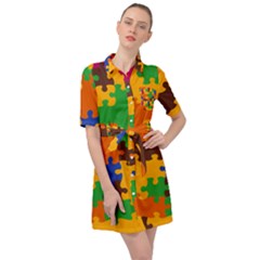 Retro Colors Puzzle Pieces                                                                           Belted Shirt Dress by LalyLauraFLM