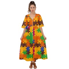 Retro Colors Puzzle Pieces                                                                          Kimono Sleeve Boho Dress by LalyLauraFLM