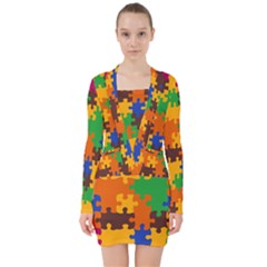 Retro Colors Puzzle Pieces                                                                           V-neck Bodycon Long Sleeve Dress by LalyLauraFLM