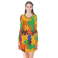 Retro Colors Puzzle Pieces                                                                       Long Sleeve V-neck Flare Dress by LalyLauraFLM