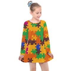 Retro Colors Puzzle Pieces                                                                       Kids  Long Sleeve Dress by LalyLauraFLM