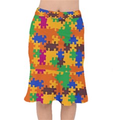 Retro Colors Puzzle Pieces                                                                            Short Mermaid Skirt by LalyLauraFLM