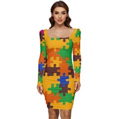 Retro Colors Puzzle Pieces                                                              Women Long Sleeve Ruched Stretch Jersey Dress