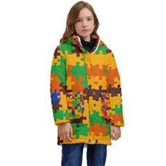 Retro Colors Puzzle Pieces                                                              Kid s Hooded Longline Puffer Jacket by LalyLauraFLM