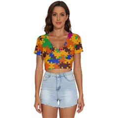 Retro Colors Puzzle Pieces                                                               V-neck Crop Top by LalyLauraFLM