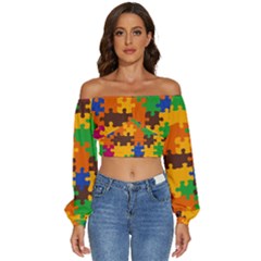 Retro Colors Puzzle Pieces                                                               Long Sleeve Crinkled Weave Crop Top by LalyLauraFLM