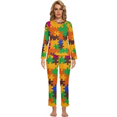 Retro Colors Puzzle Pieces                                                              Womens  Long Sleeve Lightweight Pajamas Set