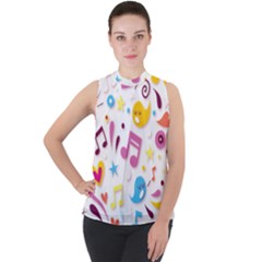 Love Cute Cartoon Seamless Shading Mock Neck Chiffon Sleeveless Top