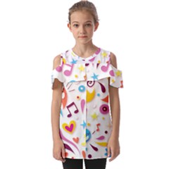 Love Cute Cartoon Seamless Shading Fold Over Open Sleeve Top