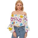 Love Cute Cartoon Seamless Shading Off Shoulder Flutter Bell Sleeve Top View1