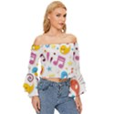 Love Cute Cartoon Seamless Shading Off Shoulder Flutter Bell Sleeve Top View3