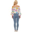 Love Cute Cartoon Seamless Shading Off Shoulder Flutter Bell Sleeve Top View4