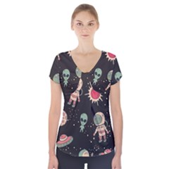 Space Pattern Cartoon Short Sleeve Front Detail Top