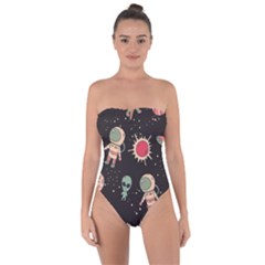 Space Pattern Cartoon Tie Back One Piece Swimsuit