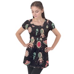 Space Pattern Cartoon Puff Sleeve Tunic Top