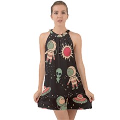 Space Pattern Cartoon Halter Tie Back Chiffon Dress