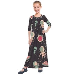 Space Pattern Cartoon Kids  Quarter Sleeve Maxi Dress