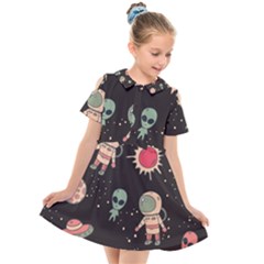 Space Pattern Cartoon Kids  Short Sleeve Shirt Dress