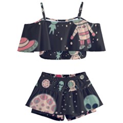 Space Pattern Cartoon Kids  Off Shoulder Skirt Bikini by Jancukart