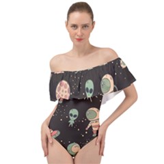 Space Pattern Cartoon Off Shoulder Velour Bodysuit 