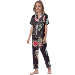 Space Pattern Cartoon Kids  Satin Short Sleeve Pajamas Set