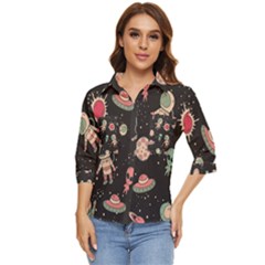 Space Pattern Cartoon Women s Quarter Sleeve Pocket Shirt