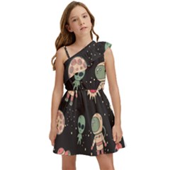 Space Pattern Cartoon Kids  One Shoulder Party Dress