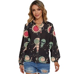 Space Pattern Cartoon Women s Long Sleeve Button Down Shirt