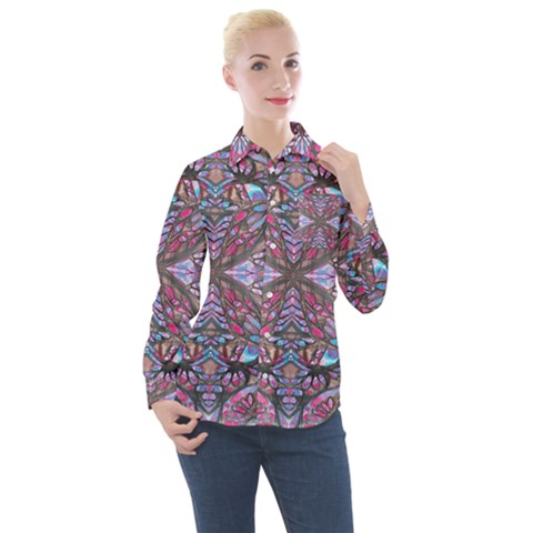 Charcoal Pink Repeats Iv Women s Long Sleeve Pocket Shirt by kaleidomarblingart